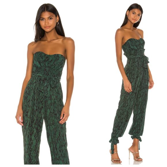 Michael Costello x Revolve Gwendolyn Green Snakeskin Print Strapless Jumpsuit
